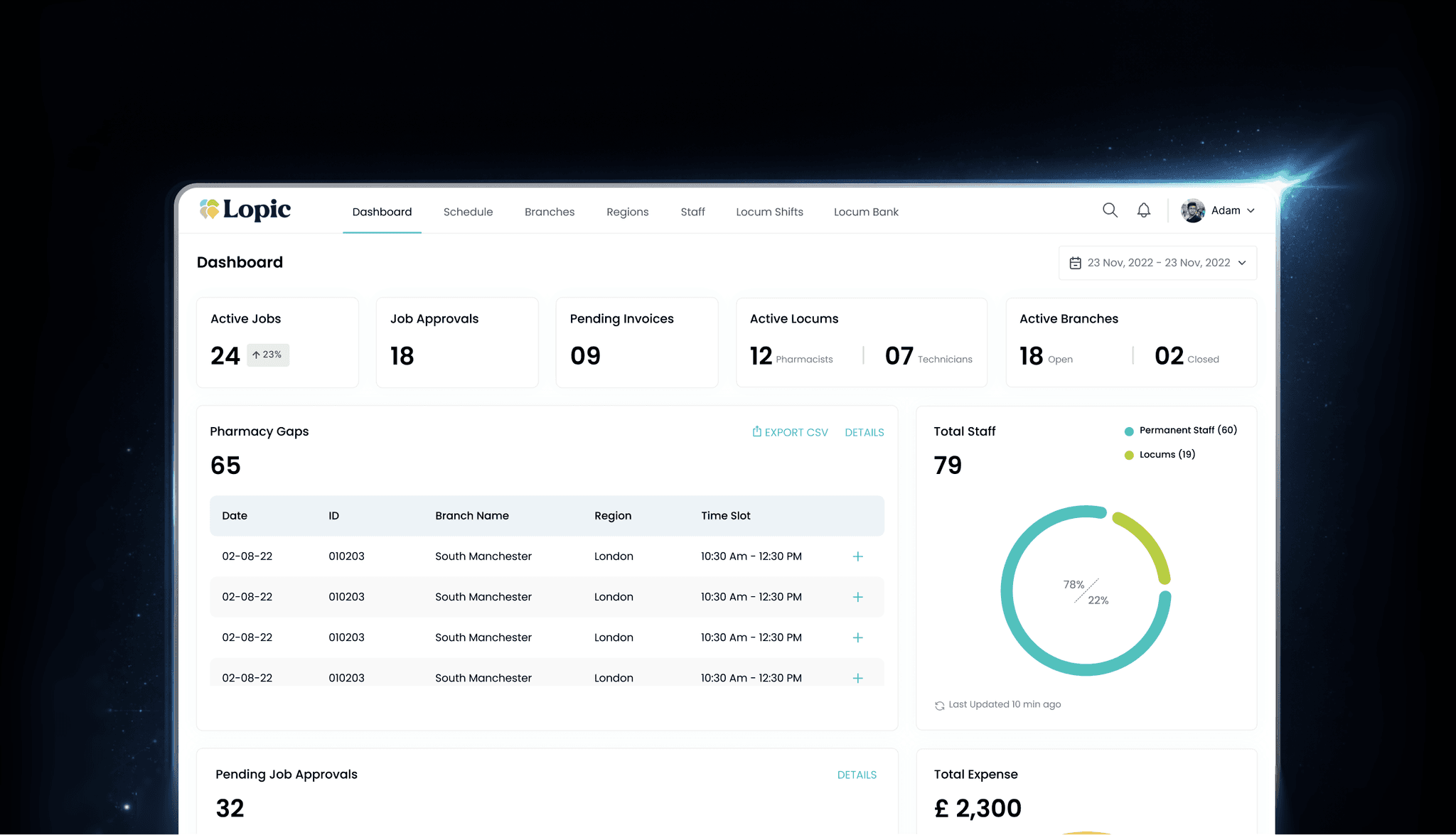 Lopic pharmacy staffing platform dashboard interface