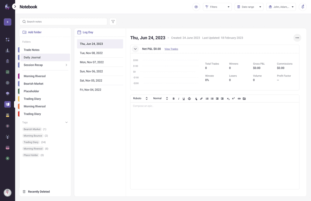 Daily journal and notebook screen