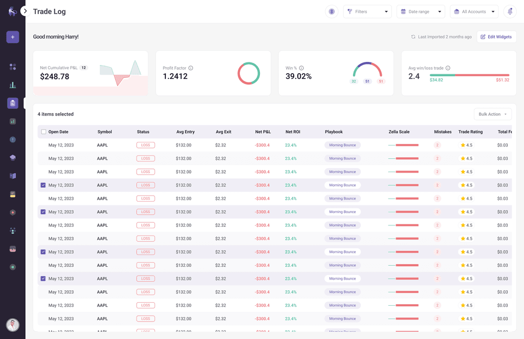 Trade log screen